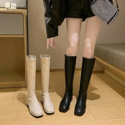 2021 INS Fashion Women Black Block High Heels Long Boots New Winter Warm Knee High Boots Soft Leather Thigh High Boots Shoes