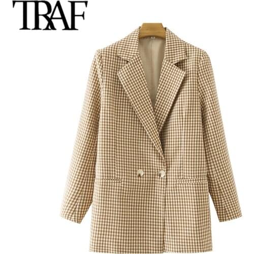 TRAF Women Fashion Double Breasted Plaid Blazer Coat Vintage Long Sleeve Back Vents Female Outerwear Chic Veste