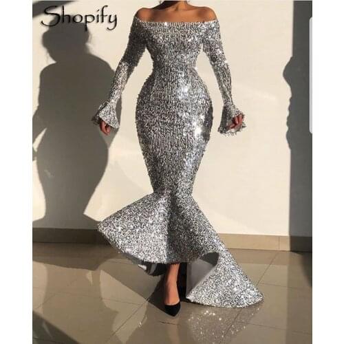 Sexy Mermaid Long Sleeve Off The Shoulder Boat Neck Sparkly Silver Sequin Dubai Women Evening Dress 2020 Formal Gowns