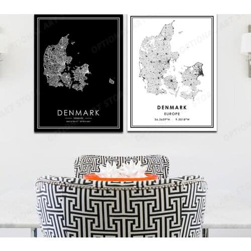 Famous City Map DENMARK Print Canvas Painting Wall Art Pictures Black White Posters and Prints Living Room Home Decor