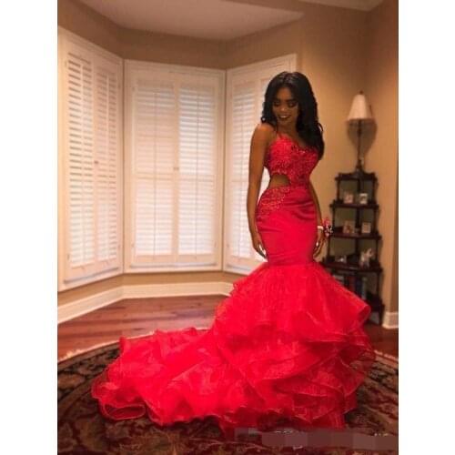 2019 Red African Black Girls Prom Dresses vestidos de gala Cutaway Lace Appliques Beads Tiered Mermaid Evening dress Vestido