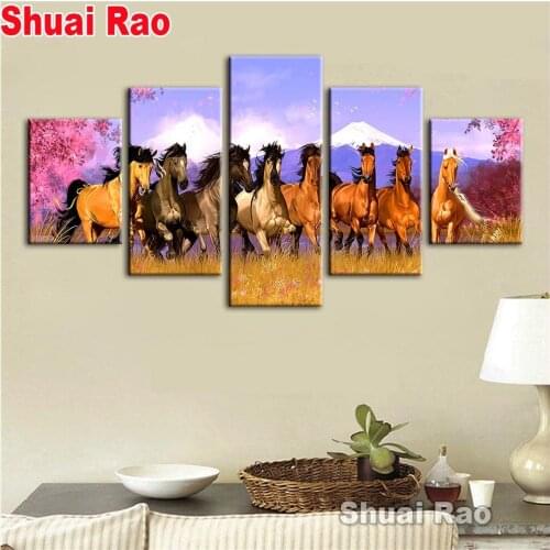 5 Panel Diamond Mosaic Horses Diamond Painting Square Round Diamond Embroidery Fantasy Animal for New Year Decorations 2021