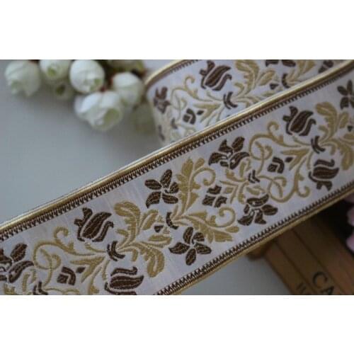 5yards/lot wide 6cm Woven Jacquard Ribbon white background gold flowers pattern curtain and clothing accessory LS-3988