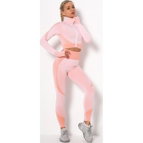 Seamless Knitting Patchwork Sports Sets Women Long Sleeve Zipper Jacket & High Waist Training Leggings Gym Running Yoga Suits