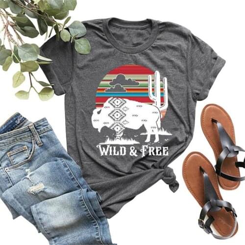 Wild Free Bison Cactus Rainbow Print Women T shirt Cute Graphic Tshirts Casual Harajuku Summer Oversized Tops Female Vintage Tee