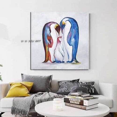 100% Handmade Penguin Family Abstract Oil Painting Minimalist Modern Wall Art Decorative For Living Room No Frame