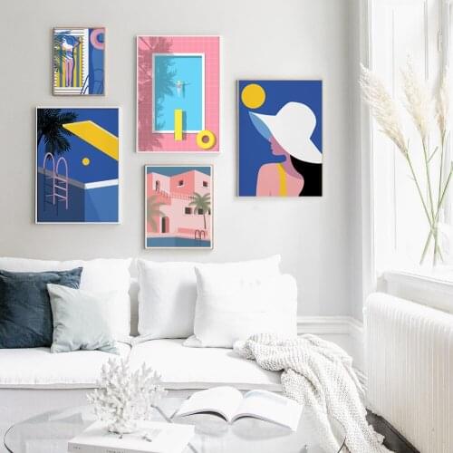 Tropical Summer Swimming Pool Canvas Painting,Beach Sunbathing Poster,Modern Bold Pink Wall Art Hockney,Blue Pictures Decor