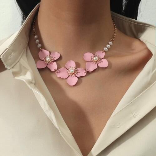 Korean Pink Flower Necklace Fahion Pearl Flower Choker Necklace For Women Jewelry Clavicle Necklaces & Pendants Charms Jewellery