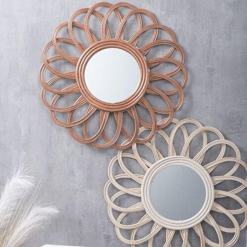 Handmade rattan round makeup mirror innovative art decoration dressing table bathroom wall mirror Nordic crafts wall decoration