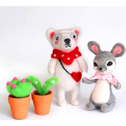 Bear Rabbit Succulents Combination Needle Felting Kit for Beginner Handmade Wool Felt Creativity Kit DIY Set English Manual