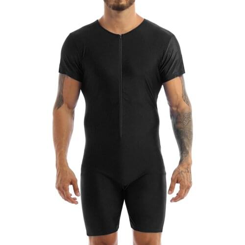 2021 Mens One-piece Short Sleeve Bodysuit Front Zipper Soft Ballet Dance Exercise Leotard Male Slim Fit Sports Gym Jumpsuit