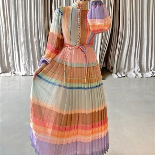 Rainbow Striped Pleated New Long Midi Dress