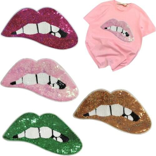 New Large Size Patch Lip Mouth Patches Applique Sewing Handmade Bling Bling Sequins Patch for Clothing Clothes Sew on Patch
