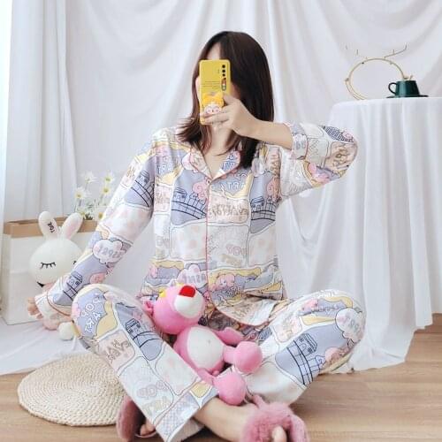 Fashion Pajamas Ladies Spring and Summer Pure Cotton Long-sleeved Trousers Cute Thin Cotton Home Service Suit Women