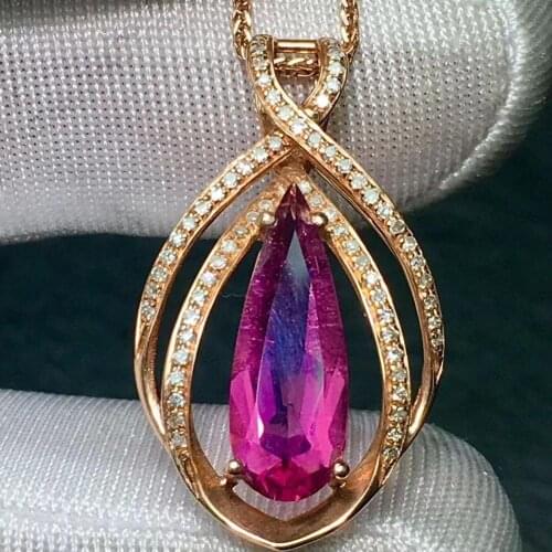 Rubillite Tourmaline Pendant Real 18 K Gold 100% Natural Rubillite Tourmaline 2.9ct Gemstones Diamond Pendant Necklace