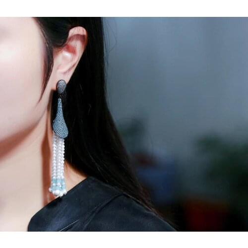 3.7'' White Pear and Aquamarine Tassel Gold Plated CZ Stud Earrings