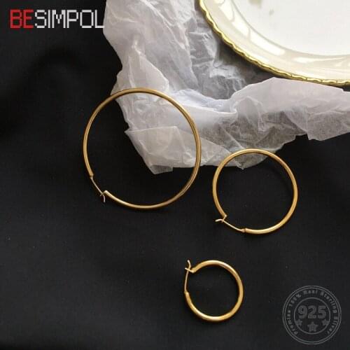 Besimpol 925 Sterling Silver Gold Earrings 25mm/40mm/55mm Fashion Round Big Small Hoop Earrings for Women All-match Fine Jewelry