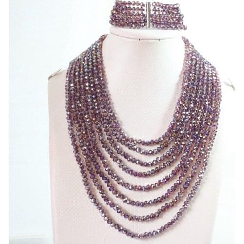 Charms bright purple AB crystal glass rondelle abacus 4*6mm beads 8 row chain necklace 5 row bracelet jewelry set 17-26inch B851