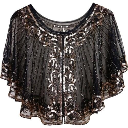 Vintage 1920s Black Mesh & Gold Sequin Beaded Unique Flapper Capelet