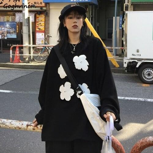 Hoodies Women Long Sleeve O-neck Pullovers Floral Printed Ins Korean Harajuku Style Hip Hop Students Daily Spring New Hot Tops