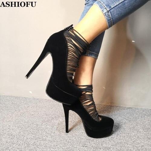 ASHIOFU New Women High Heel Pumps Elastic-bands Faux-suede Party Prom Dress Shoes Platform Club Fashion Court Pumps Shoes