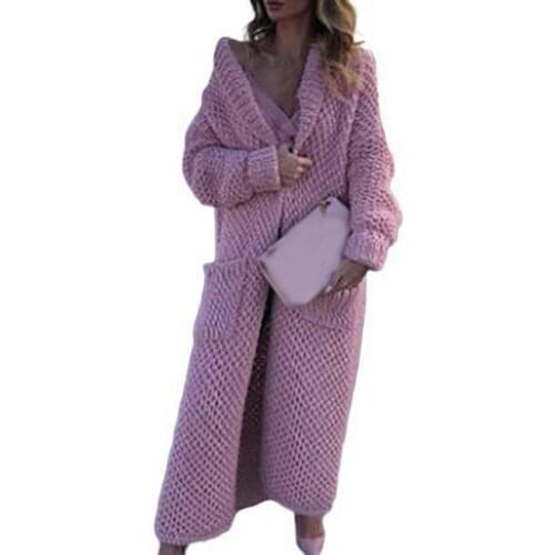 Plus Size Women Long Cardigan Sweater Solid Color Pockets 2021 Winter Outerwear Lapel Long Sleeve Sweater Coat Knit Overcoat