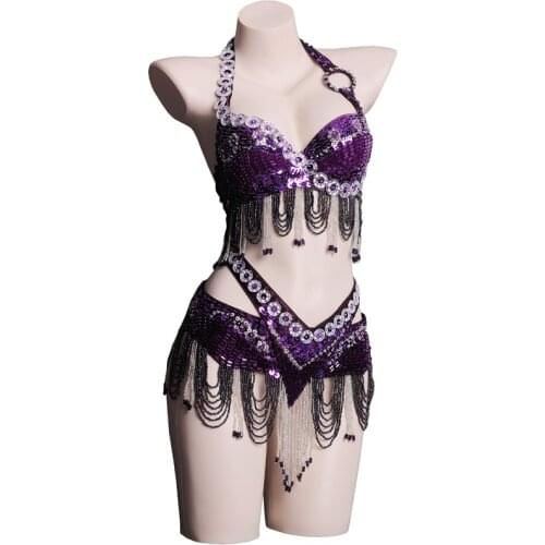 Stage & Dance Wear Women Oriental Dance Sequin Beaded Bra and Belt Bellydance Suit 2pcs Rhinestones Costume for Belly Dance