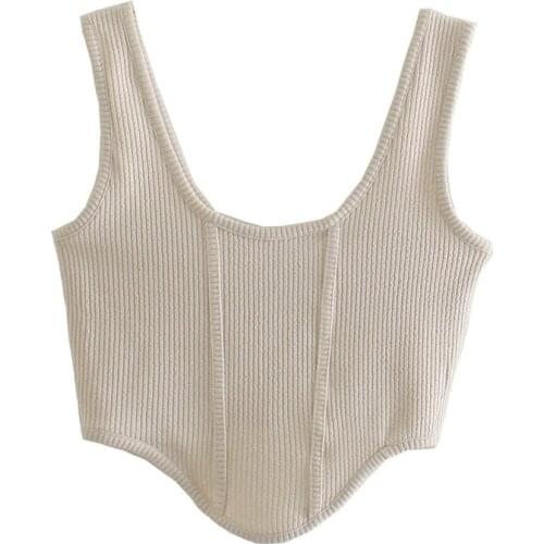 PUWD Casual Women Beige Irregular Knitted Vest 2021 Summer Elegant Female Slim Elasticity Short Tops Ladies Basic Solid Top