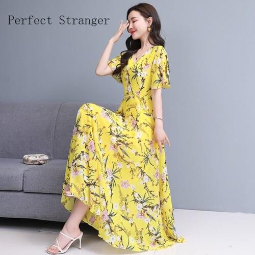High Quality 2021 Summer Dress For Women V Collar Floral Printed Short Sleeve Women Chiffon Long Dress