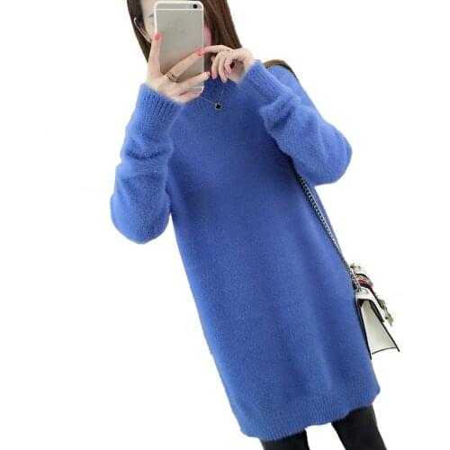 2021 Autumn Winter Long Sleeve Knitted Sweater Dress Women Casual Style Thick Warm Loose Solid Long Knit Jumper Ladies Pullover