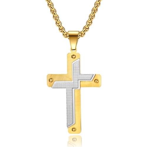 Gold Mutli-Layer Rivet Cross Pendant Jesus Stainless Steel Necklaces for Men Christian Religious Payer Jewelry
