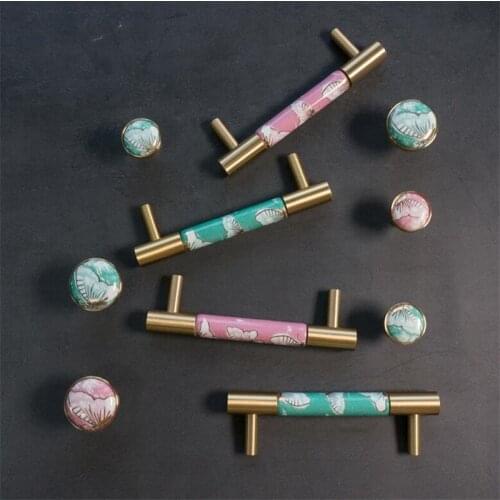 1Pc Light Luxury Brass Ceramic Painted Handle Butterfly Pattern T-Bar Classic Cabinet Wardrobe Pulls Round Hole Drawer Knob