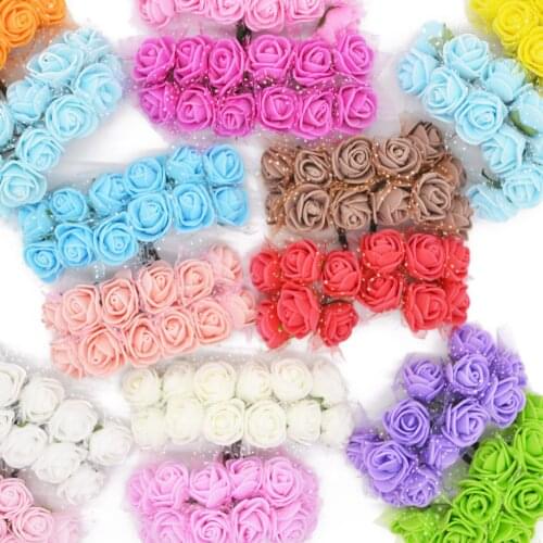 144pcs/lot Diameter 2cm Head Multicolor PE Rose Foam Mini Artificial silk Flowers Bouquet Solid Color Wedding Decoration Wreaths