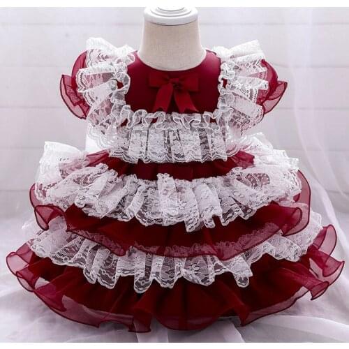 2021 Summer Tutu Lolita Dress 1st Birthday Dress For Baby Girl Clothes Bow Princess Baptism Dresses Lace Party Dress Flower Gowm