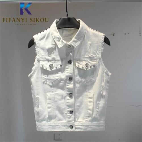 White Denim Vest Women Sleeveless Jacket Short Coat Fashion Rivet Hole Jeans Vest Female Loose Plus Size Denim Jacket Vests 2020