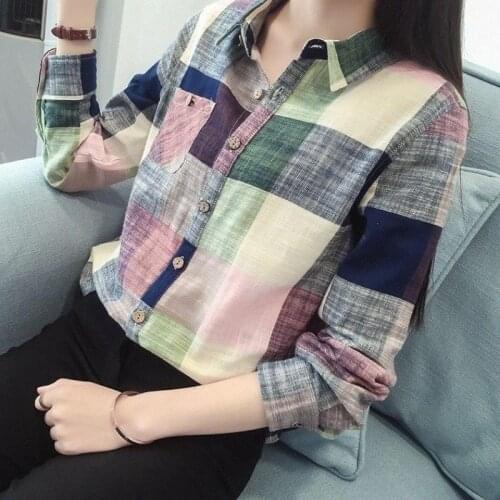 Blouse Women Shirt Womens Color Plaid Long Sleeve Color Matching Shirt Blusas Mujer De Moda