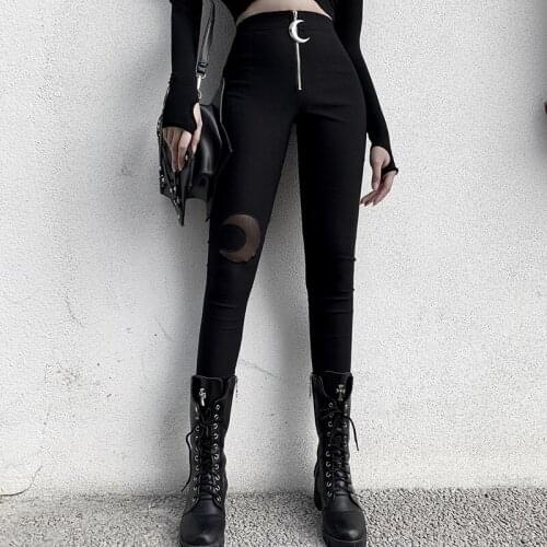 InsGoth Black Pencil High Waist Pants Gothic Moon Zipper Hollow Out Bodycon Women Long Trousers Casual Streetwear Vintage Pants