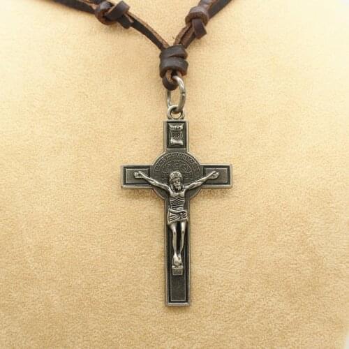 XiongHang Leather Men Necklaces Pendants Cross Long Necklace Punk Vintage Adjustable Brown Rope Chain Women Men Jewellery