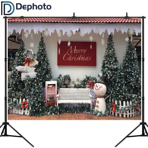 Dephoto Photography Background Merry Christmas Tree Gifts Bench Snowman Family Portrait Photographic Backdrop Photo Studio prop