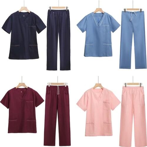 Nursing Uniform Blouse Scrub Tops Men Women Short Sleeve V-neck With Pocket Washable Pet Shop Beauty Salon Work Clothes Overalls