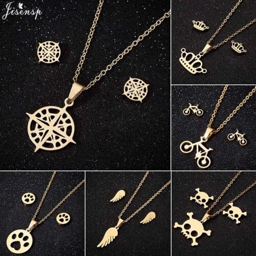 Jisensp 2021 New Fashion Stainless Steel Jewelry Sets for Women Girls Vintage Design Compass Crown Pendant Necklace Earrings