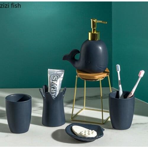 Ceramic Bathroom Accessories 5 Pcs/set with Tray Portable Soap Dispenser Whale Shaped Lotion Bottle Toothbrush Holder Soap Dish