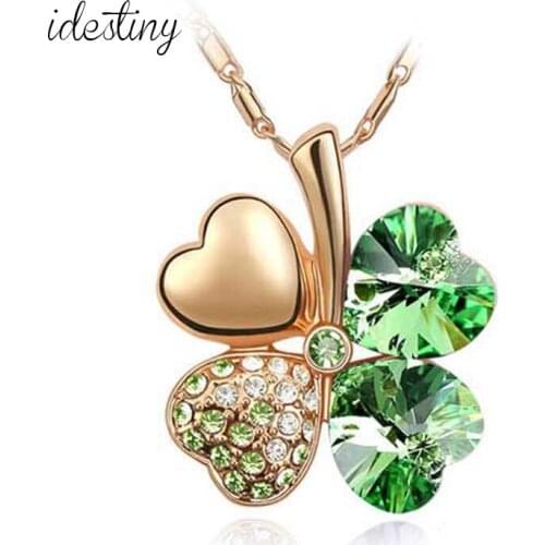 IDESTINY 11.11 Classic Green Lucky Clover Pendant Necklace Made with Austria Crystal High Quality Rose Gold Color Jewelery Gift