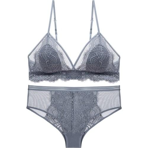 Thin Lined Transparent Mesh Patchwork Lace Bra and Panties Set Underwear Without Stones Women Sexy French Lingerie 2021 New