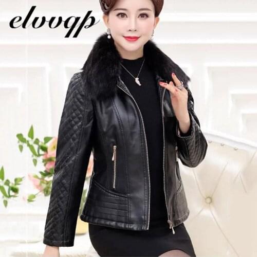 L-6XL Plus Size Faux Leather Jacket Coat Women New Leisure Fashion Thick Warm Middle-aged Mother Outerwear With Fur Collar