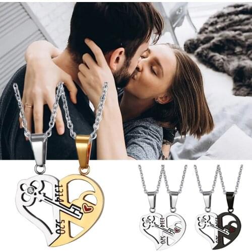 2 Pairs Couples Heart Key Crystal Pendant Necklace for Women Men Love Puzzle Set BFF Friendship Jewelry
