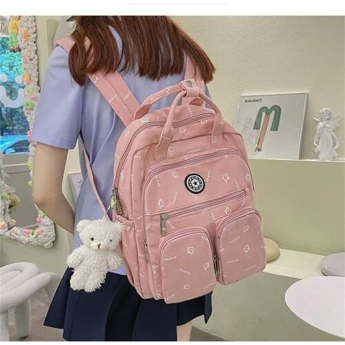 Fashion Canvas School Girl backpack Middle Schoolbagpack Students Multi-pocket Printing Backpack Female Yellow Book Bag 2021