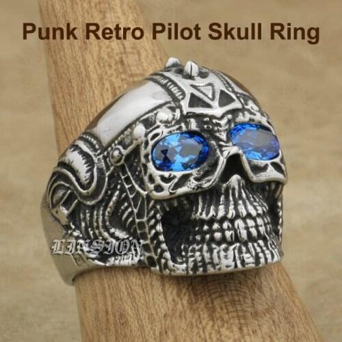 Punk Retro Fashion Individuality Skull Ring Solid 316L Stainless Steel Cool Bikers Blue Eyes Pilot Skeleton Ring 4E136