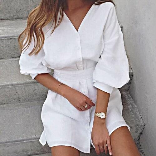 Pure Cotton V-neck Belt Slimming Shirt Dress Female Summer Short Sleeve Solid Color Straight Dress