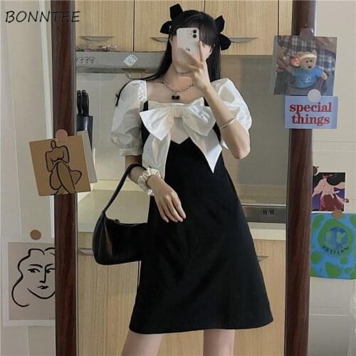 Dress Women Fake Two Piece Patchwork Sweet Trendy Ladies Slim Clothing Simple Holiday Club Girls Vintage Square Collar Bow Chic
